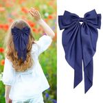 Bow Hair Clip, Hair Bows for Women Big Bowknot Hairpin French Hair Clips with Long Ribbon Solid Color Hair Barrette Clips Soft Satin Silky Hair Bows for Women Girls(navy blue)