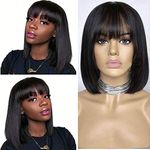 CLAROLAIR 14'' Human Hair Wigs with Bangs Bob Wig Human Hair Straight Short Bob Wig with Bangs Straight None Lace Front Wigs Human Hair Full Machine Wigs Can Be Permed & Dye