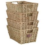 VonHaus Seagrass Storage Baskets, Set of 4 Hand-Woven Display Hampers - Bathroom Storage Baskets for Shelves - Nesting Natural Wicker Seagrass Baskets for Storage w/Handles for Bedroom & Home Office