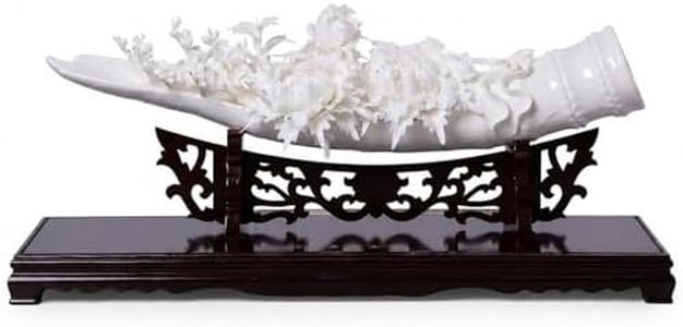 CALVETRA Dehua Blanc de Chine Porcelain Sculpture, White Ceramic Floral Centerpiece with Wood Base, Luxury Entryway Table Decor