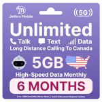 USA Prepaid Sim Card (Uses T-Mobile), Unlimited Talk, Text, Data & 5GB High-Speed Data, Quick Activation, Reloadable, Easy to Use, Jethro Mobile US SIM Card for Canadian Travelers (6 Month)