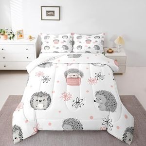 Feelyou Hedgehog Bedding Set Kids Cute Hedgehog Comforter Set for Girls Teens Ultra Soft Kawaii Wild Animal Comforter Polka Dots Quilt Set Room Decor Twin Size Duvet Quilted