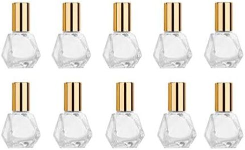 ConStore 10 PCS Mini Portable Polygonal Clear Glass Roller Bottle,8ml/0.27oz DIY Travel Essential Oil Roll On Bottle with Stainless Steel Ball Gold Cap