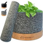 Modernlyst Large Mortar and Pestle Set | 100% Heavy Duty Natural Granite | Molcajete Mexicano | 2 Cup Capacity | Non-Slip Wood Base | Grinder 6.25 in. Pestle and Stone Grinding Bowl