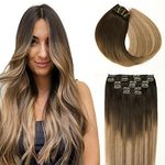 SURNEL Clip in Hair Extensions Human Hair 22 inch Double Weft Clip Hair Extensions Balayage Ombre Color 2 Dark Brown Fading to 6 and 18 Ash Blonde Clip in Hair Extensions 6pcs 120g (#2/6/18,22")