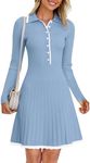 MEROKEETY Women's Long Sleeve V Neck Sweater Dress 2024 Fall Button Ribbed Knit Pleated Mini Dresses, Blue, X-Large