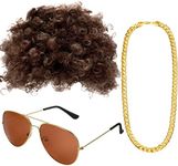 Gejoy Hippie Disco Costume Men Set Funky Afro Wig,Gold Celebrity Sunglasses Faux Gold Chain for 50/60/70s Party Accessories(Brown Hair)