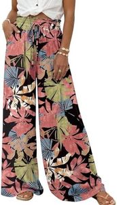 LILLUSORY Women Elastic Casual High Waist Wide Leg Pants 2026 Summer Long Palazzo Pant with Pocket Beach Vacation Clothes Red Print L