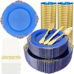 Nervure 350PCS Blue Plastic Plates - Blue Plastic Dinnerware Sets for 50 Guests - 100 Blue Disposable Plates, 150 Gold Plastic Silverware, 50 Cups, 50 Napkins for Wedding & Party