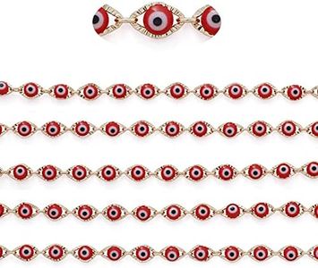 COIRIS 3.28 Feet Red Evil Eye Link Chains 1 Meter Handmade Gold Plated Beaded Brass Chains for Choker Necklace Bracelet Earrings Eyeglass Chain Jewelry Making(PN-1046-Red-5)