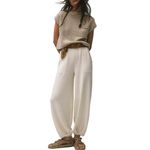 Women's Two Piece Outfits Casual Lounge Knitted Short Sleeve Pullover Ribbed Knitted Sweater High Waist Wide Leg Pants Going Out Set (Apricot, M)