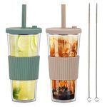 UHAPEER 2 Pack Reusable Boba Tea Cups, 24oz Iced Coffee Cup with Straw and Lid, Leakproof Clear Plastic Cups Tumbler, Double Wall Insulated Smoothie Tumbler, Wide Straw for Bubble Tea, Cinnamon&Olive