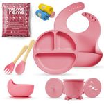 Mamarama 11 Piece Silicone Baby Feeding Set, Complete Mealtime Essentials, Includes Suction Bowl, Plate, Cup with Straw & Snack Lid, Fork, Spoon, Bib, and 3 Napkins For Babies and Toddler (Dark Peach)