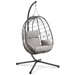 VonHaus Hanging Egg Chair - Grey Rattan Garden Swing Chair with Stand - 1 Seater Hanging Chair with Padded Cushions and Folding Frame - Foldable Swinging Chair for Patio, Balcony - Outdoor & Indoor