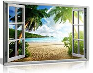 Beach Sunset View 3D Window Effect Canvas Wall Art Picture Print (30X20), Bedroom