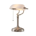 Newrays Glass Bankers Desk Lamp with Pull Chain Switch Plug in Fixture (Matted White)