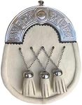 SITARAZ White Fur Kilt Sporran Cross Chain 3 Tassels, White Calf Hair Leather With Chain Belt