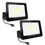 Amptonica LED Flood Light, 100W 10000 Lumen Waterproof Outdoor Floodlights with Plug, 5000K Daylight Exterior Flood Light, 500W HPS Equivalent LED Work Light for Landscape, Garden, Yard, 2 Pack