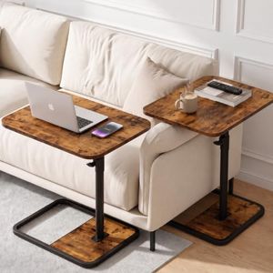 YUHFERA Large TV Tray Table Set of 2, C-Shaped Side Table with Adjustable Height & Rounded Corners, Snack Table for Couch, Bed or Recliner, for Laptop, Eating & Working, Brown
