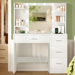 TEENFON Makeup Vanity with Large Mirror, Vanity Desk with Power Strip and 10 Lights, 3 Color Modes & Adjustable Brightness, Dressing Table with 4 Drawers, White