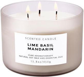 Lime Basil Mandarin Scented Candle - Large 3 Wick Soy Candle 15.8 oz - Aromatherapy Candle for Stress Relief - Fresh Citrus Scented Candles - Long Lasting Clean Burn - Gift for Women & Men