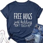 Women Free Hugs Just Kidding Don't Touch Me Funny Letter Print T-Shirt Summer Graphic Tees Tops Novelty Shirt, Navy Blue, XX-Large