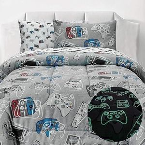 KIDS RULE 7-Piece Gamer Glow in The Dark Comforter Set, with 1 Twin Bed Size Comforter, a Fitted, and Flat Sheets, and 2 Pillowcases, Game Controllers Print, Blue, Grey, Gifts for Kids - Twin