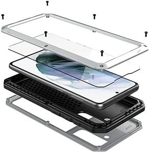 LUSTAM Heavy Duty Case Compatible with Samsung Galaxy S21 FE, 360 Full-Body Protection Aluminum Alloy Shockproof Metal Case with Built-in Gorilla Glass Designed for Galaxy S21 FE 5G (6.4)-Silver