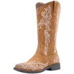 SheSole Cowboy Boots Woman Wide Calf Square Toe Floral Embroidered Country Western Cowgirl Boots Tan Size US 8