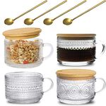 CAYOREPO 4 Pcs Vintage Coffee Mugs with Bamboo Lids and Spoons, 14 oz Glass Tea Cups, Cute Coffee Bar Accessories, Iced Coffee Glasses for Cappuccino, Latte, Tea (Clear（4Pcs）)