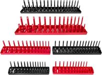 HORUSDY 6-Pack Socket Organizer Tray Set, Red SAE & Black Metric Socket Holders Rack Workshop Garage, 1/4-Inch, 3/8-Inch, 1/2-Inch DR. Deep and Shadow Socket Holders for Toolbox