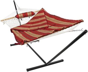 Sunnydaze Rope Hammock with 12-Foot Stand and Hammock Pad - 275-Pound Capacity - Green Stripe