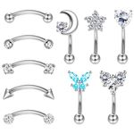 FUNRUN JEWELRY 10Pcs 16G Rook Daith Earrings for Women Stainless Steel Belly Lip Ring Cartilage Tragus CZ Body Piercing Curved Barbell Eyebrow Rings 6-8mm