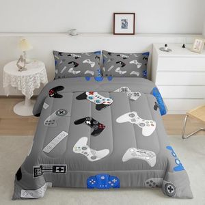 Feelyou Video Game Comforter Set Console Gamer Gray Bedding Set for Kids Boys Girls Various Gamepad Comforter Modern Game Controller Decor Quilt Set Bedroom Collection 3Pcs Queen Size,Reversible