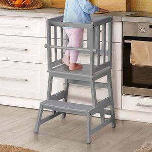 COSYLAND Kids Kitchen Step Stool Helper with Gloves Removable Anti-Drop Railing Safety Rail, Non-Slip Mat Standing Tower Stepping Stool for Toddlers Bathroom Sink Counter Learning Grey