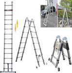 5M Telescopic Folding Ladder with Stabilizer Bar, Extension Ladder 2.5+2.5M A-Frame Multi-Purpose Folding Ladder, Lightweight Aluminium Telescoping Ladder Extendable Portable Ladder, 330lb Capacity