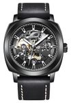 BENYAR Automatic Mechanical Skeleton Leather Strap Men's Analogue Watch (Black-Black) Dial Color-Blue, Band Color-Black