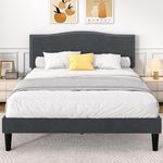 VECELO Double Bed Frame, Upholstered Platform with Adjustable Headboard, Mattress Foundation, Sturdy Wooden Slat Support, No Box Spring Needed, Non-Slip and Noise-Free, Easy Assembly, Dark Grey