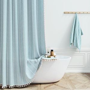 BTTN Extra Long Shower Curtain, 72x96 Long Striped Boho Chic Linen Fabric Heavy Duty Shower Curtain with Hooks, Tall Bohemian Farmhouse Luxury Tassel Thick Cloth Shower Curtain for Bathroom, Fog Blue