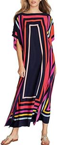 Bsubseach Mujeres Estampado geométrico Playa Largo caftán Vestido de Manga Corta Traje de baño Cubrir para Traje de baño caftán Loungwear