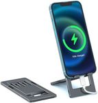 Foldable Pocket Aluminum Cell Phone & Tablet Holder Stand, Adjustable Desktop Phone Kickstand with Anti-Slip Base and Convenient Charging Port for Office Desk/Flying/Traveling/Zoom Video Calls-Grey