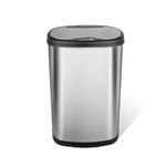 Ninestars 13 Gallon Oval Automatic Trash Can, 50L Touchless Motion Sensor Garbage Can with Odor-Sealing Lid & One-Touch Manual Mode, Silver Stainless Steel, Black Trim