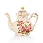 CHILDIKE European Porcelain Teapot, Vintage Floral Teapot, Ivory Gold Trim Floral Teapot, Gift for Women (Red Rose 40 OZ)