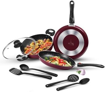 Milton Pro Cook Kitchen Pride Plus Granito I Set of 7 Non Stick Cookware | Non Induction I Cooking Pan, Kadhai with Lid, Tawa, Nylon Laddle & Spatula I Peach Metallic
