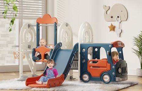 BIERUM 5 in 1 Toddler Slide and Swing Set, Kid Slide for Toddlers Age 1-3, Bus Themed Baby Slide with Basketball Hoop, Indoor Outdoor Slide Toddler Playset, Toddler Playground Blue Red