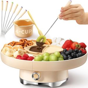 LUSHYUM Chocolate Fondue Pot Set Electric Melting Machine, 4-Cup Capacity 4 Trays 6 Forks 1 Spatula Cheese Warmer, Ideal Gift for Couple Family & Date Night Idea House Warming Holidays Essentials