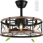 Caged Ceiling Fan with Lights and Remote,19'' Farmhouse Ceiling Fan with Light Flush Mount, Enclosed Ceiling Fan with Light Reversible Retro Ceiling Light Fixtures Ceiling Fan for Kitchen(No Bulbs)