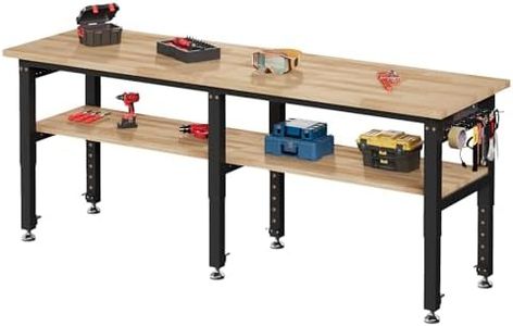 SPECRAFT 84"x24" 2-Tier Adjustable Workbench with 4 AC Outlet and 2 USB Ports Power Outlets, 6000 Lbs Capacity Heavy Duty Workbench, Rubber Wood Top for Garage, Workshop, Office