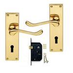 Golden Grace Victorian Scroll Polished Brass Lever Lock Door Handles + 3 Lever Lock Set +2 Keys