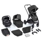 Babymore Memore V2 Travel System 13 Piece Black - 3-in-1 Pram Travel System, Foldable, Reclining Baby Pushchair, Premium Pecan i-Size Car Seat with ISOFIX Base & Essentials, 0-4 Years | Up to 22 Kg